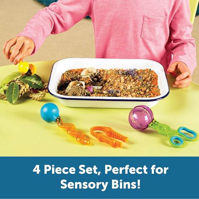 Learning Resources Helping Hands Fine Motor Tool Set Toy - 4 Pieces, Ages 3+ Fine Motor and Sensory Play Toys, Toddler Tweezers, Sensory Bin Toys