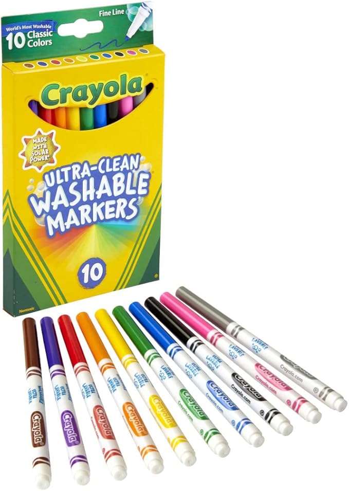 Crayola Ultra Clean Washable Markers - 12 Pack (10ct), Bulk Washable Markers for Classrooms, Fine Line Markers for Kids, Nontoxic