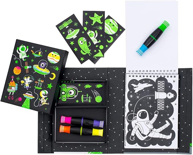 Tiger Tribe: Neon Coloring Set - Outer Space - Activity Set w/Stickers, Themed Pages & Markers Stored Inside Magnetic Sealed Storage Box, Kid Age 4+