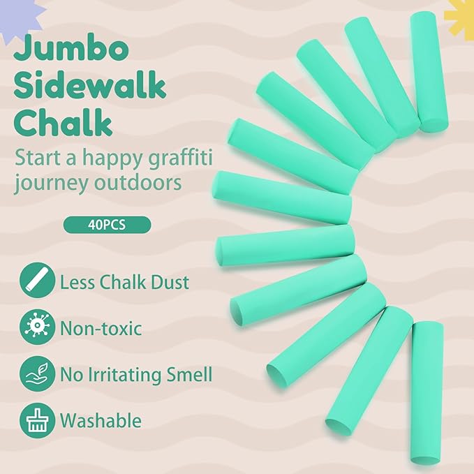 Fulmoon 40 Pcs Jumbo Sidewalk Chalk for Kids Outdoor Art Non Toxic Large Washable Street Chalk for Adults Drawing Painting Graffiti Classroom(Green,Round Style)