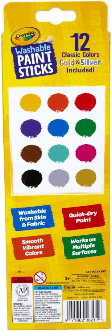 Crayola Quick Dry Paint Sticks (12ct), Washable Paint Set for Kids, Arts & Crafts Supplies, Multi-Surface, Assorted Colors, Kids Gifts