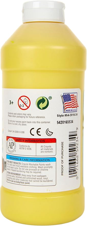 Crayola Yellow Washable Paint, Kids Painting Supplies, Paint Bottle, 16oz (54-2016-034), Pint