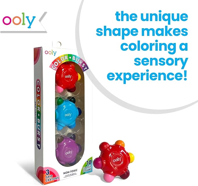 Ooly Color Burst Grip Crayon for Toddlers and Little Hands, Set of 3 Crayons with 18 Classic Colors, Non-Toxic Easy to Grip Shaped and Easy to Hold Crayons for Young Kids