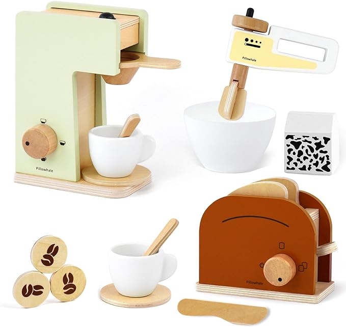 Kids Coffee Maker Playset,Wooden Toy Toaster,Toy Mixer,3-in-1 Kids Kitchen Playset,Pretend Play Kitchen Accessories,Wooden Kitchen Sets for Kids Toddlers Boys Girls Ages 3+