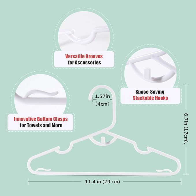 Baby Hangers 100 Pack, White Baby Hangers, Stackable Design Kids Hangers for Space Saving, 11.4 Inch Durable Hangers for Child Clothes, Toddler Infant Kids, Small Hangers for Closet