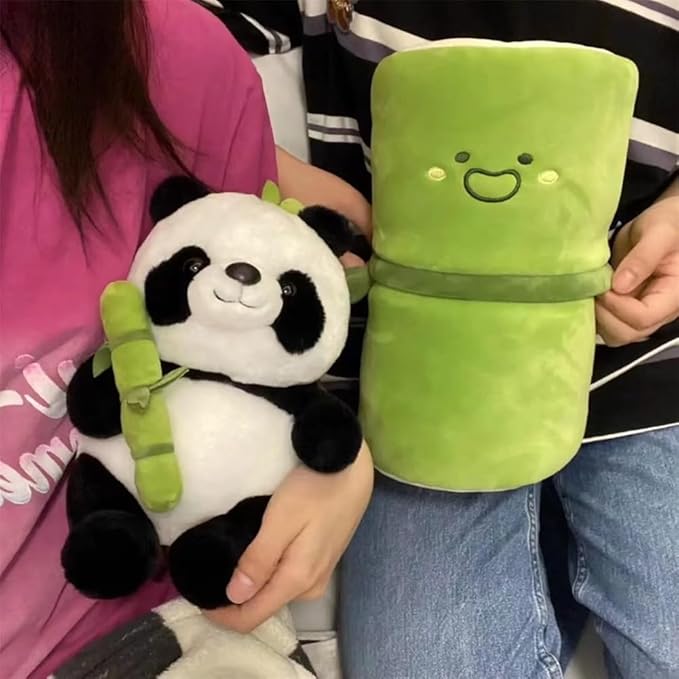 Cute Panda Plush Toy with Bamboo Cover, Bamboo Tube Panda Plush Toy, Kawaii Panda Stuffed Toys, Animal Panda Plush Doll Pillow Toys for Kids Funny Birthday Gift (9.8in)