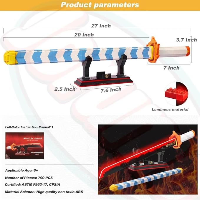 Jorumo Demon Slayer Sword Building Set, 27in Rengoku Kyoujurou Sword Building Block with Scabbard and Stand, Cosplay Anime Sword Toy Building Set for Collecting 790 Pieces, Luminous