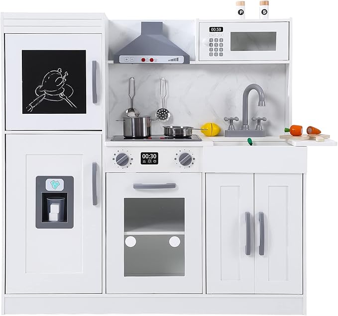 Kids Kitchen Playset, Wooden Chef Pretend Play Set with 20 PCS Cookware Accessories, Wooden Cookware Pretend with Ice Maker, Microwave, Oven, Range Hood, Sink, Real Lights & Sounds,White