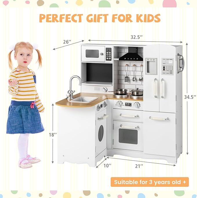 Kids Corner Play Kitchen, Wooden Toy Kitchen Set with Sounds, Pretend Play Kitchen for Kids with Kitchen Accessories,11-in-1 Toddler Kitchen Gifts for Ages 3+