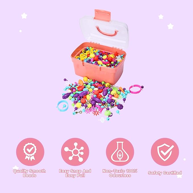 Jewelkeeper Bracelet Jewelry Making Kit for Girls - Arts and Crafts for Kids - Snap Pop Beads - Charm Bracelet Making Kit for Girls - DIY Necklace Hairband Bracelet Ring Earring - Gifts Toy Set - Pink