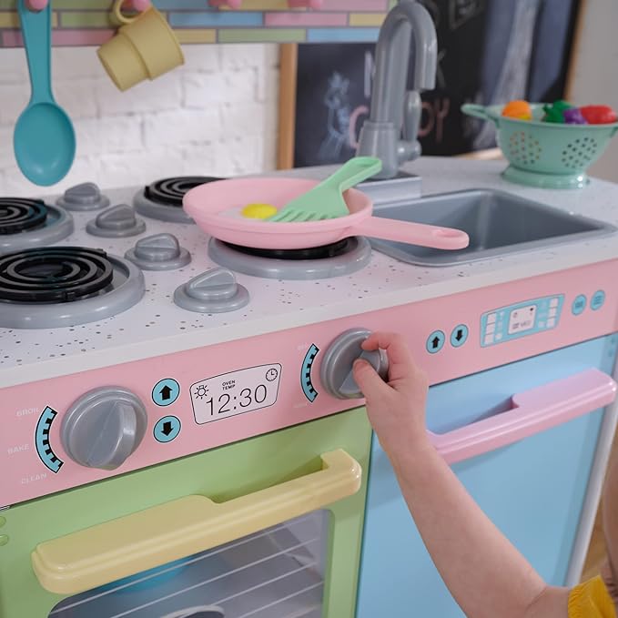KidKraft Uptown Pastel Wooden Play Kitchen with Chalkboard, Play Phone, and See-Through Doors, Gift for Ages 3+
