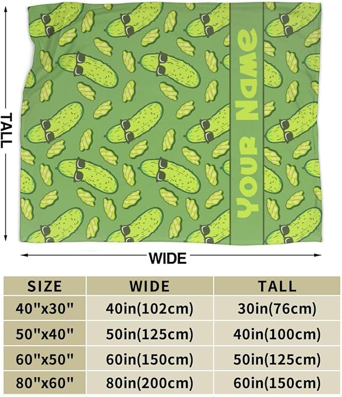 Custom Pickle Blanket with Name for Boys Girls, Personalized Cute Pickle Themed Design Printed Throw Blankets for Kids Lap, Chair Sofa, Giftable Blanket, 40"x 50"