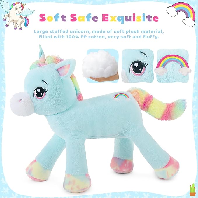 Tezituor 43" Big Unicorn Stuffed Animal, Cute Plush Toy Gift for 3-8 Years Old Girls, Large Soft Stuffed Unicorn Pillow, Gift for Christmas Birthday Valentine's Day (Blue)