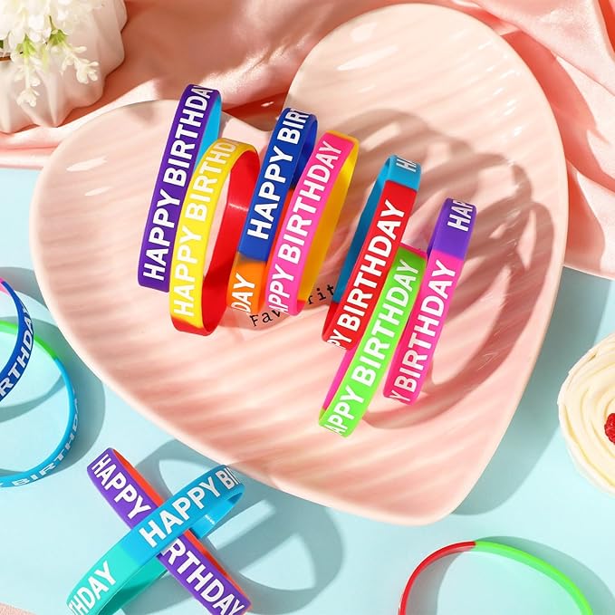 JUNEBRUSHS Birthday Rubber Bracelets, 24pcs Happy Birthday Silicone Bracelets Wristbands for Classroom Teachers Birthday Party Favors Reward Gifts Accessories(12 Designs)