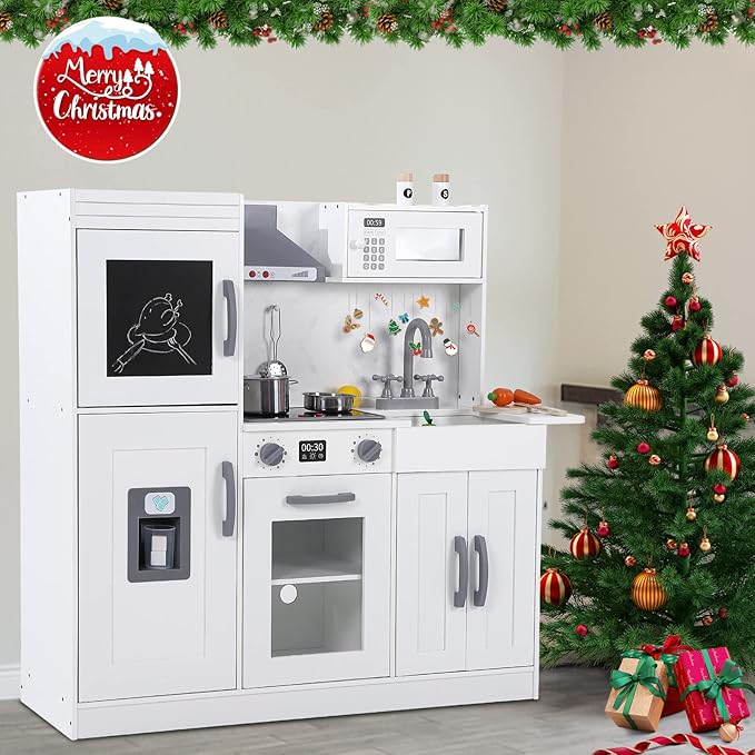 Kids Kitchen Playset, Wooden Chef Pretend Play Set with 20 PCS Cookware Accessories, Wooden Cookware Pretend with Ice Maker, Microwave, Oven, Range Hood, Sink, Real Lights & Sounds,White