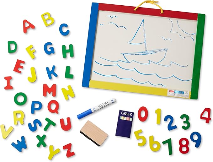 Melissa & Doug Magnetic Chalkboard and Dry-Erase Board With 36 Magnets (Numbers and Uppercase Letters), Chalk, Eraser, and Dry-Erase Pen Letters And Numbers Learning Toys, Chalk Board