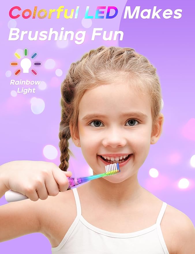 SEAGO Kids Electric Toothbrush with 2 Mins Brushing Timer and 4 Replacement Bursh Heads,Rainbow LED Light Make Brushing Fun, Purple Color Girls Battery Powerd Toothbrush for 4-12 Years Old,SG-977