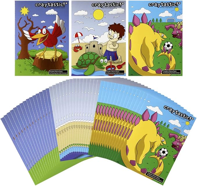 Craytastic! (48 Bulk Coloring Sets with 48 Crayon Packs (4 Crayons Each) + 48 Coloring Book Variety Pack (Dino, Ocean, Animal, Sports) - Party Favors, Restaurants, School, Camp