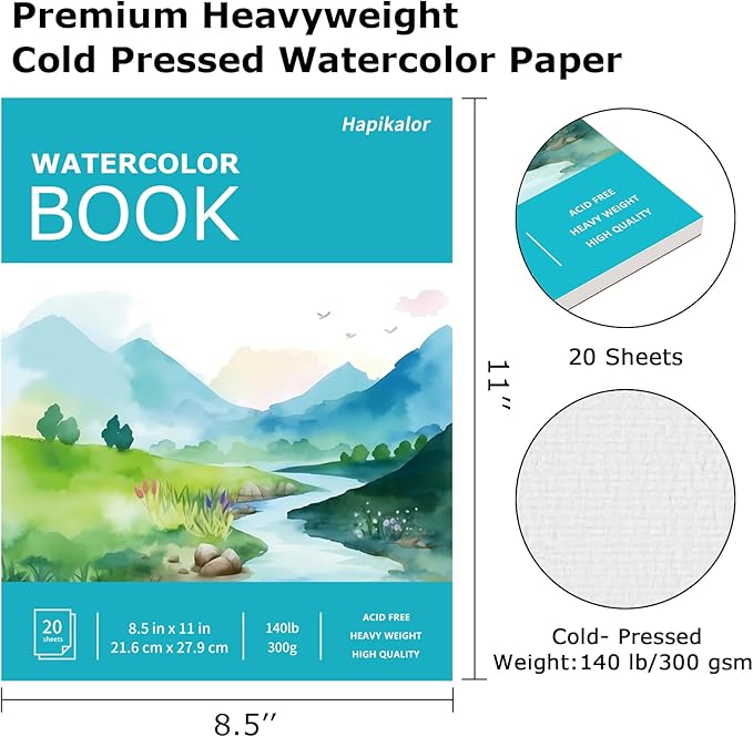 Hapikalor 8.5"x11" Watercolor Paper Pad, 1-Pack, 140lb/300gsm Artist Painting Drawing Paper Book, Art Supplies for Adults Kids, Watercolors, Watercolor Paint Set, Sketchbook, Journal, Teal