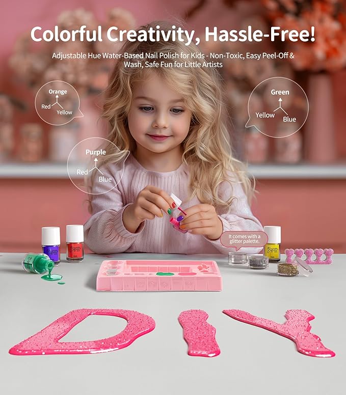 Geyiie Nail Polish Toys Set, DIY Bead Making Kit in Acrylic Storage Box 3 Drawers with Halloween nail sticker for girls , Bracelet Making Kit Arts & Crafts for Girls, Party Favor