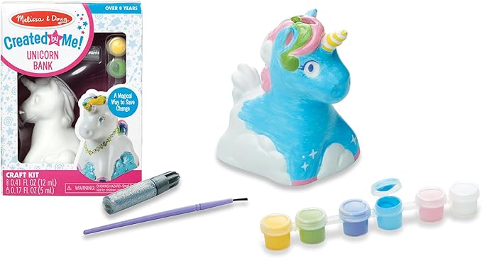 Melissa & Doug Created by Me! Decorate-Your-Own Unicorn Bank Craft Kit with 6 Pots of Paint, Glitter Glue, Paintbrush