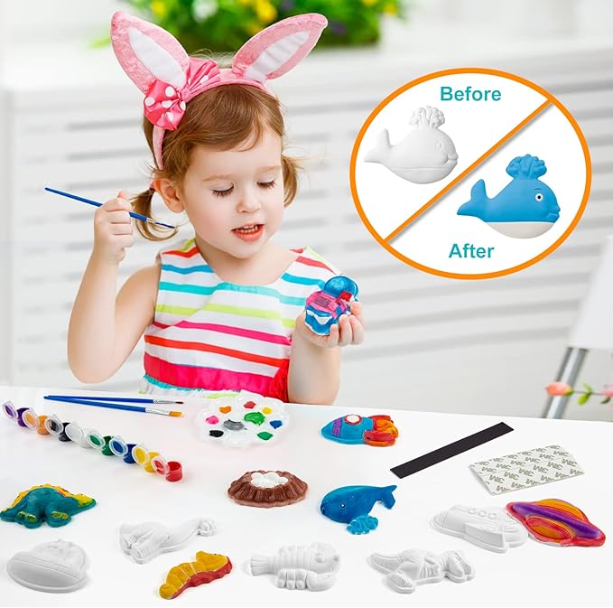 Juboury Kids Arts and Crafts Set Painting Kit - Plaster Painting Craft Kit Art Set - Painting Your Own Space Dinosaurs & Marine life Figurines - Ceramic Painting Kit for Kids, Girls, Boys, Toddlers