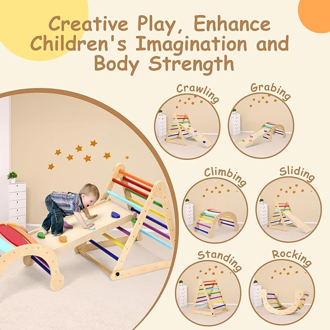 Dripex Pikler Triangle Set, Sturdy Climbing Toys for Toddlers 1-3 Inside, Large Indoor Playground Jungle Gym Playset with Slide & Arch Rocker, Premium Early Learning Toddler Climbing Toys Indoor