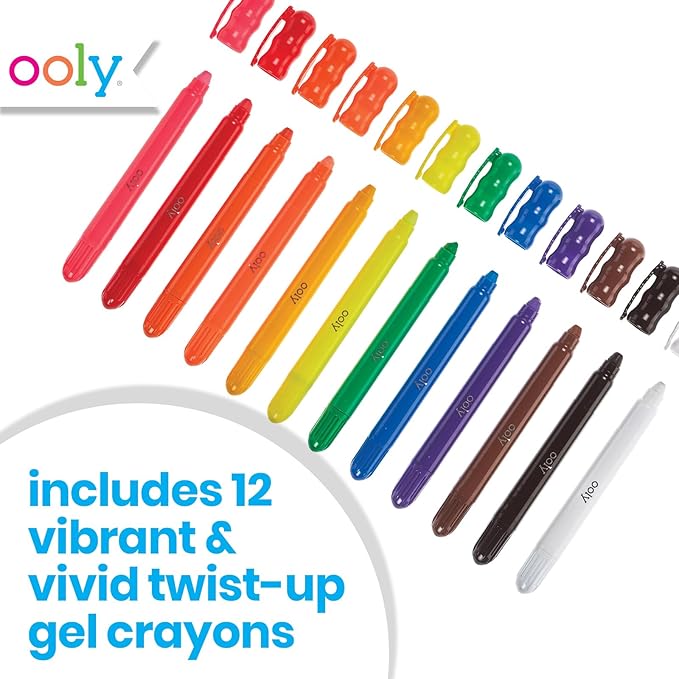 Ooly Rainy Dayz Gel Crayons for Kids - Set of 12 Rainbow Color Crayons for Glass and Paper Surfaces with Clear Plastic Crayon Case for Easy Portability - Safe and Non-Toxic