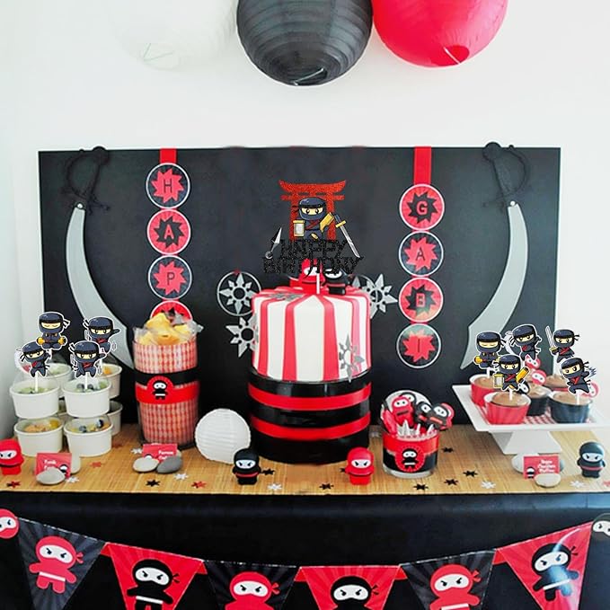 Ninja Warrior Cake Topper Set of 7 Happy Birthday Samurai Sword Fei Decorations, Boy or girl Ninja theme birthday party, martial arts karate party, or baby shower party decorations. SugarGera