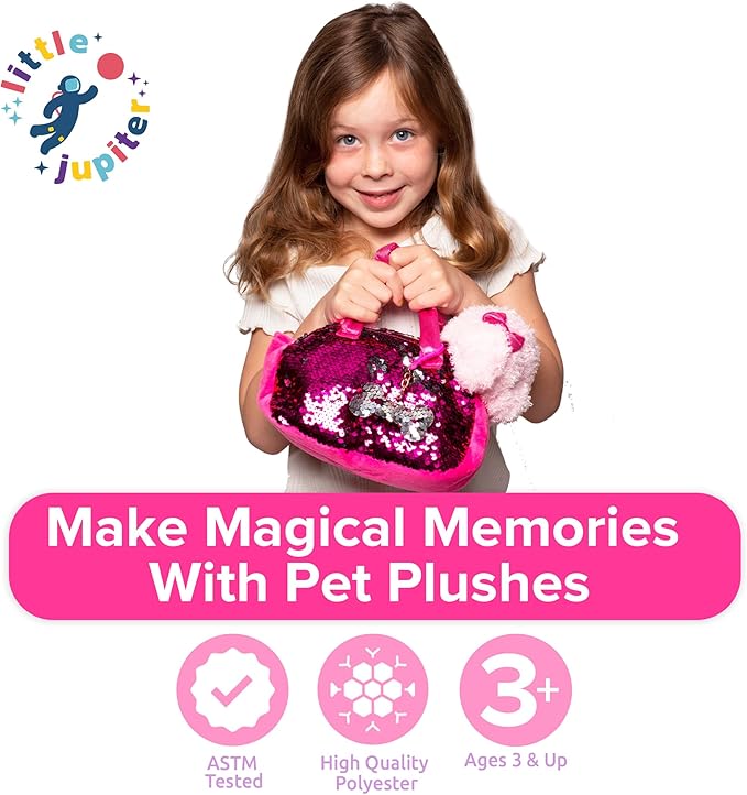 Little Jupiter Pet Plush Set with Purse w/Reversible Sequins & Charm - Stuffed Animal Toy for Kids Ages 4-5 - 6-7 - Stuffed Animal Purse - Stuffed Animals for Girls - (Pink Labradoodle)
