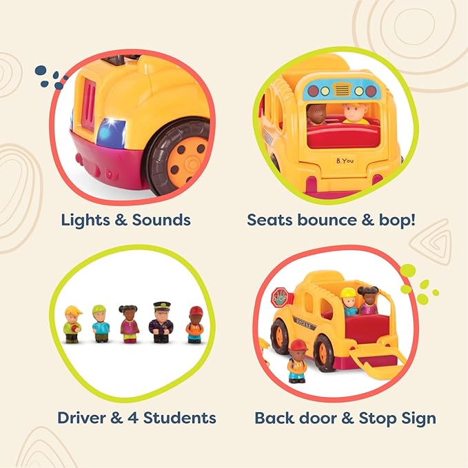 B. toys - Interactive Yellow School Bus Toy with Lights, Sounds & Dancing Passengers - Educational Vehicle Playset for Toddlers & Kids with 5 Figures - Auto-Off Battery Feature, Ages 18+ Months