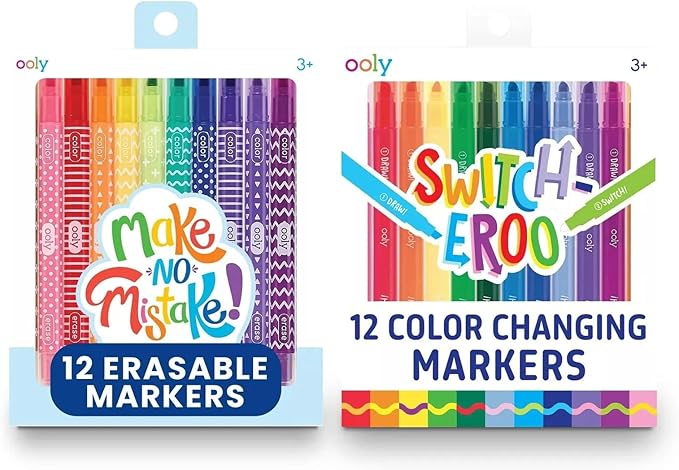 Ooly Switch-eroo Color Changing and Make No Mistakes Erasable 24 Dual Tip Markers, 12 Color Change Markers, 12 Erasable Markers for Kids Art Supplies, Chisel Tip Markers