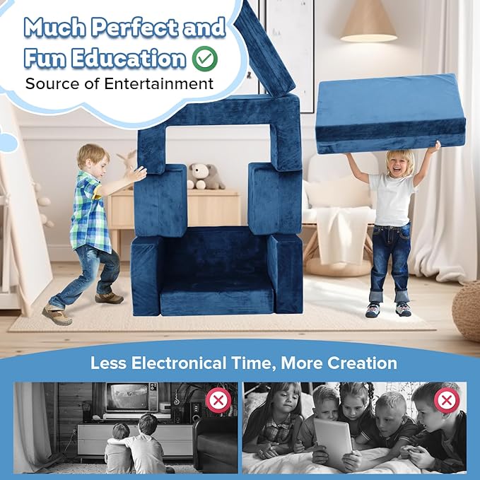 Kids Couch Sofa, 7 Pcs Modular Toddler Couch, Freely Removable Kids Chair Sofa for Playing, Creativity, Sleeping, Versatile Fold Out Baby Play Couch Set for Playroom, Bedroom Furniture