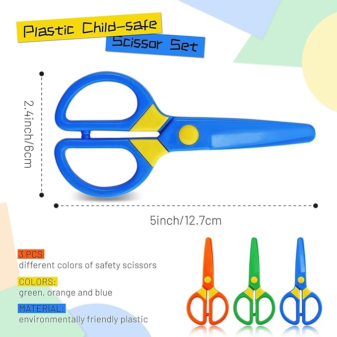 JIALEEY Plastic Child-Safe Scissor Set, Toddlers Training Scissors, Pre-School Training Scissors and Children Art Supplies(3pcs) Multicolored