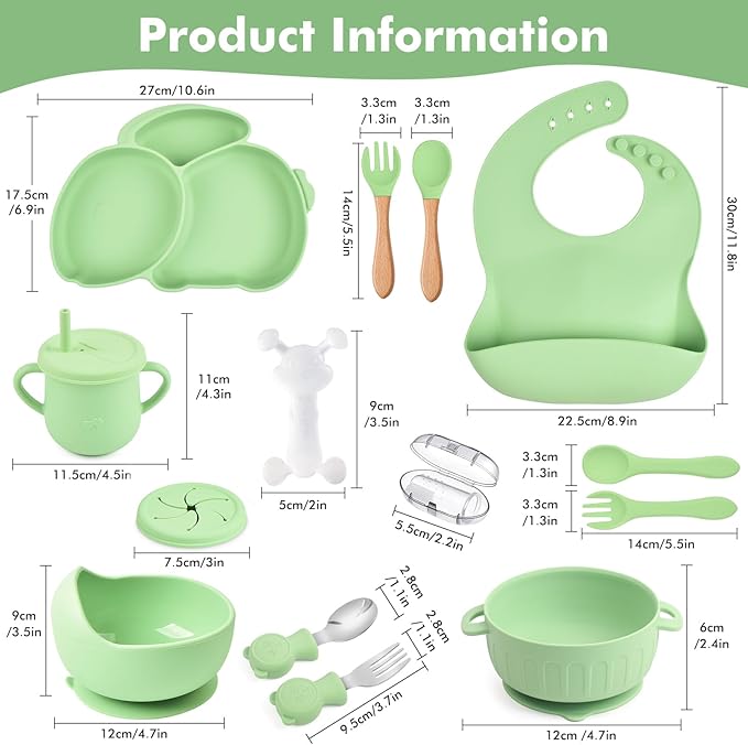 Silicone Baby Feeding Set 15 Pcs,Baby Spoons Suction Bowl Divided Plate Bib Cup Finger Brush Teething Teether,Baby Led Weaning Supplies,Baby & Toddler Silicone Plates and Bowls Dining Set(green)