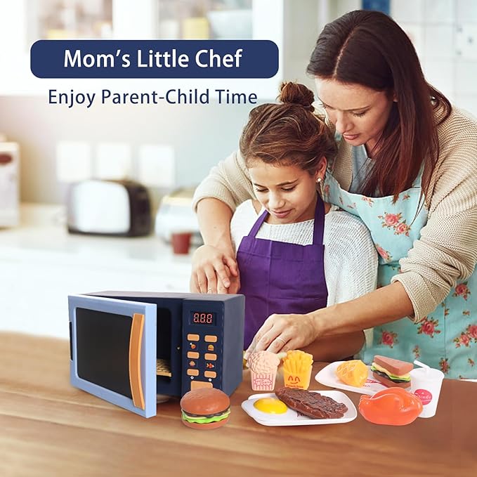 Kids Microwave Toy with Light and Sound, Realistic Toy Kitchen Appliances, Play Kitchen Accessories and Play Food for Toddlers 3 Year Old Up Girls Boys, Blue