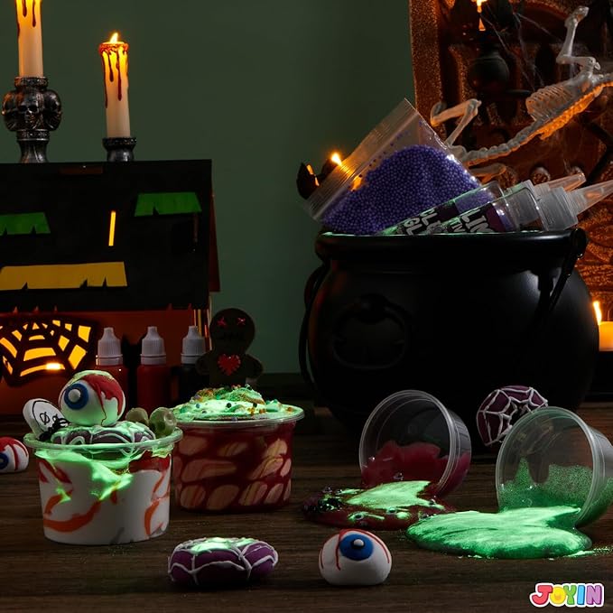 JOYIN Halloween Slime Kit for Kids, Halloween Party Favor, Art Activities Party Supplies, DIY Slime Craft Kit with Cauldron Kettle, Spooky Bats, Eyeballs, Pumpkins, Skeletons, Spiders, Party Game Gift