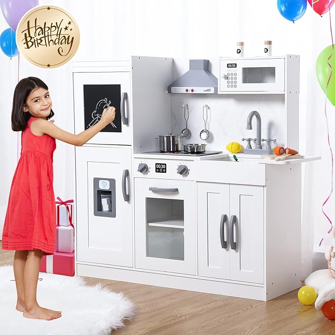 Kids Kitchen Playset, Wooden Chef Pretend Play Set with 20 PCS Cookware Accessories, Wooden Cookware Pretend with Ice Maker, Microwave, Oven, Range Hood, Sink, Real Lights & Sounds,White
