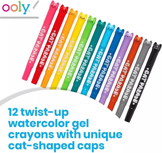 Ooly Cat Parade Gel Crayons for Kids and Adults - Set of 12 Rainbow Color Crayons for Glass and Paper Surfaces with Cat-Shaped, Twist-Up Caps - Easy To Clean, Smooth Gliding Gel Crayon Set