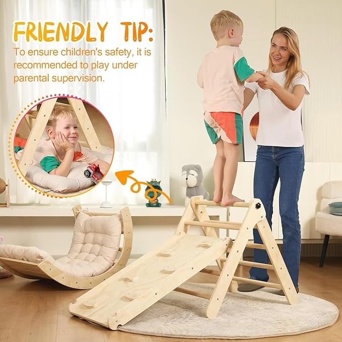 Pikler Triangle Set with Cushion, 7 in 1 Toddler Climbing Toys Indoor, Montessori Foldable Climbing Set, Wooden Climbing Toys for Toddlers 1-3 Inside with Ramp, Arch and Ladder (Nature Wood)