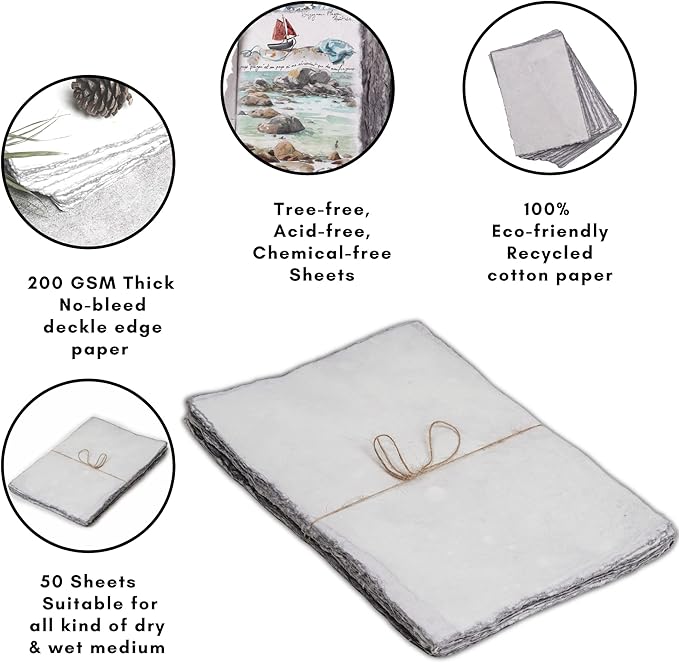 LEATHER VILLAGE Watercolor Paper - 12 X 16 inches, 50 Sheets - Mixed Media Watercolor Paper - 150 GSM Thick Deckle Edge Virgin Cotton Handmade Paper - Grey Toned