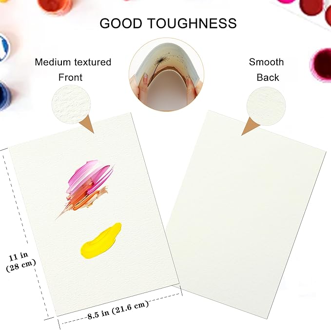 Silunkia 120 Sheets 100% Cotton Watercolor Paper Bulk 8.5 x 11 Painting Paper, 140lb/300gsm Heavyweight Cold Pressed Paper Off White Paper for Kids Students Adults Artists Drawing Valentine Gift Cards