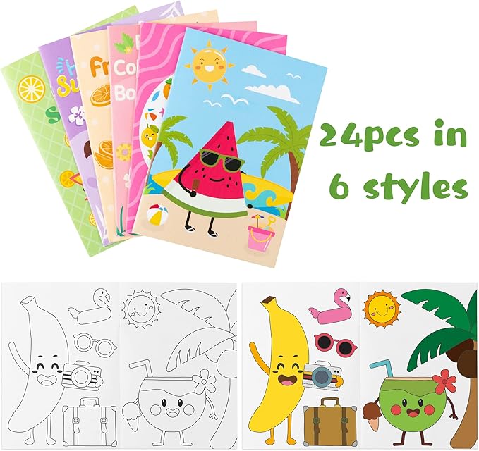 MALLMALL6 24Pcs Fruit Coloring Books with Watermelon Pineapple Lemon Banana Orange Coconut Tropical Frutti Art Patterns Summer Themed School Party Supplies Home Game Activity for Kids Girl Boy Age 4-8