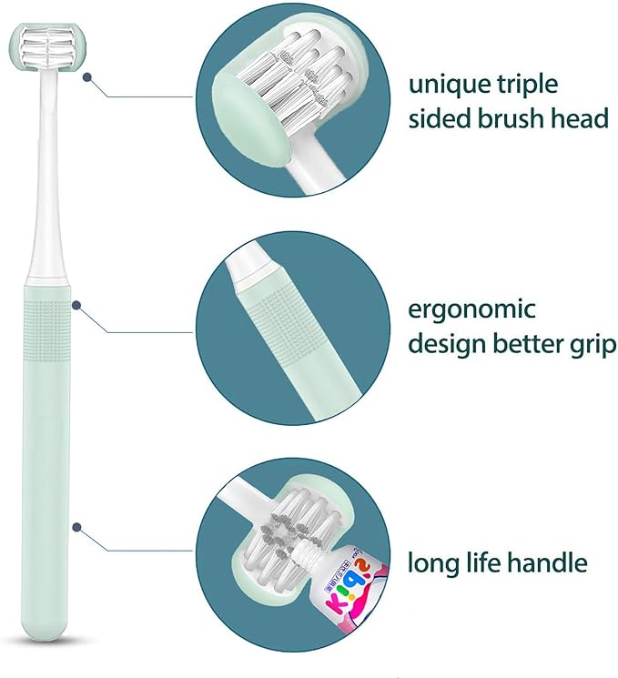 2 Pieces 3 Sided Toddler Toothbrush, Three Bristles for Kids Toothbrush, Autism Soft Bristles Toothbrush,Soft and Gentle for Complete Tooth and Gum Care(C1(Blue+Yellow) Kids)