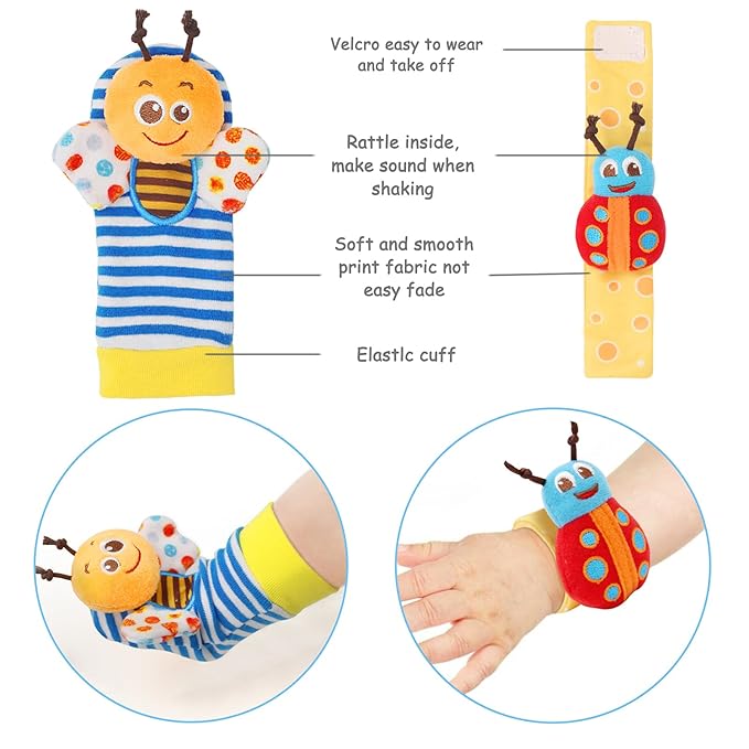 BLOOBLOOMAX Baby Hanging Rattle, Wrist Rattles Foot Finder Rattle Sock, Hand and Feet Rattle Toy, Newborn Present Baby Shower Birthday Gift Set for0 3 6 9 12 24 to 36 Months Babies(12 E)