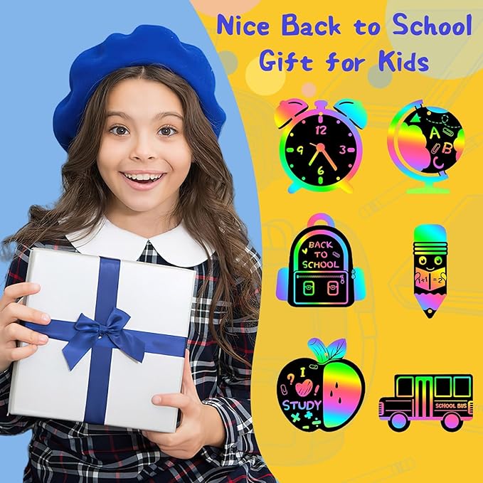 JULMELON 36 PCS Welcome Back to School Scratch Art for Kids, Back to School Crafts for Kids Rainbow Magic Scratch Paper Cards First Day of School Gifts for Students Classroom DIY Crafts Party Favors