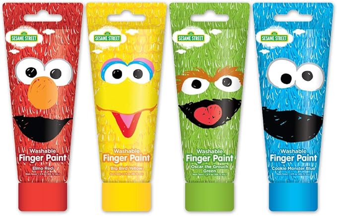 Sesame Street Finger Paint Set for Toddlers Kids - Pack of 4 Classic Colors and Stickers (Elmo Painting)