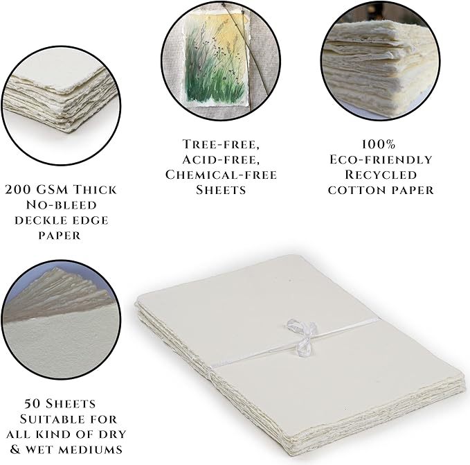 LEATHER VILLAGE Watercolor Paper - Off White - 9.5 X 12 inches, 50 Sheets - Mixed Media Watercolor Paper - 150 GSM Thick Deckle Edge Virgin Cotton Handmade Paper - Off White