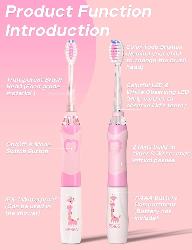 SEAGO Kids Electric Toothbrush with 2 Mins Timer and 4 Replacement Bursh Heads, Rainbow LED Light Make Brushing Fun, Pink Color Girls Battery Powerd for 4-12 Years Old,SG-977