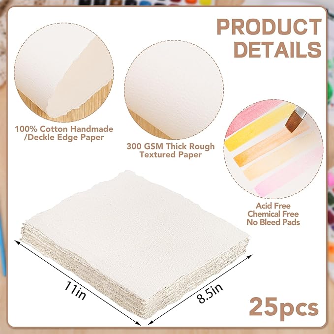 25 Sheets Watercolor Paper 8.5 x 11, 300 GSM Deckled Edge Paper Rough/Textured Handmade Paper Cotton Paper for Watercolors, Wedding Invitations, Cards, Crafts